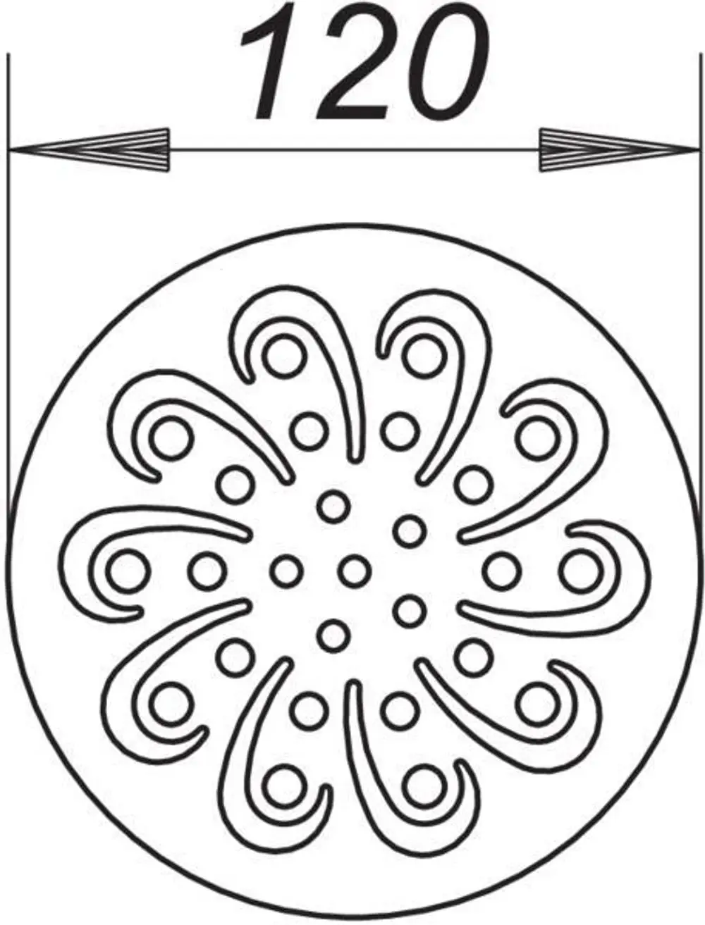 Dallmer Rost mit floralem Muster, kreisförmig und mittig angeordnet. Das Design zeigt zentrale Punkte und geschwungene Linien.