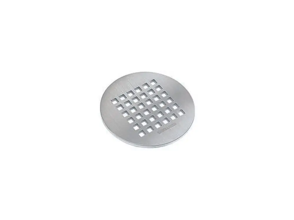 Runde Abdeckung aus Metall mit quadratischen Löchern, hergestellt von Dallmer. Geeignet zur Abdeckung von Abläufen oder ähnlichen Anwendungen.