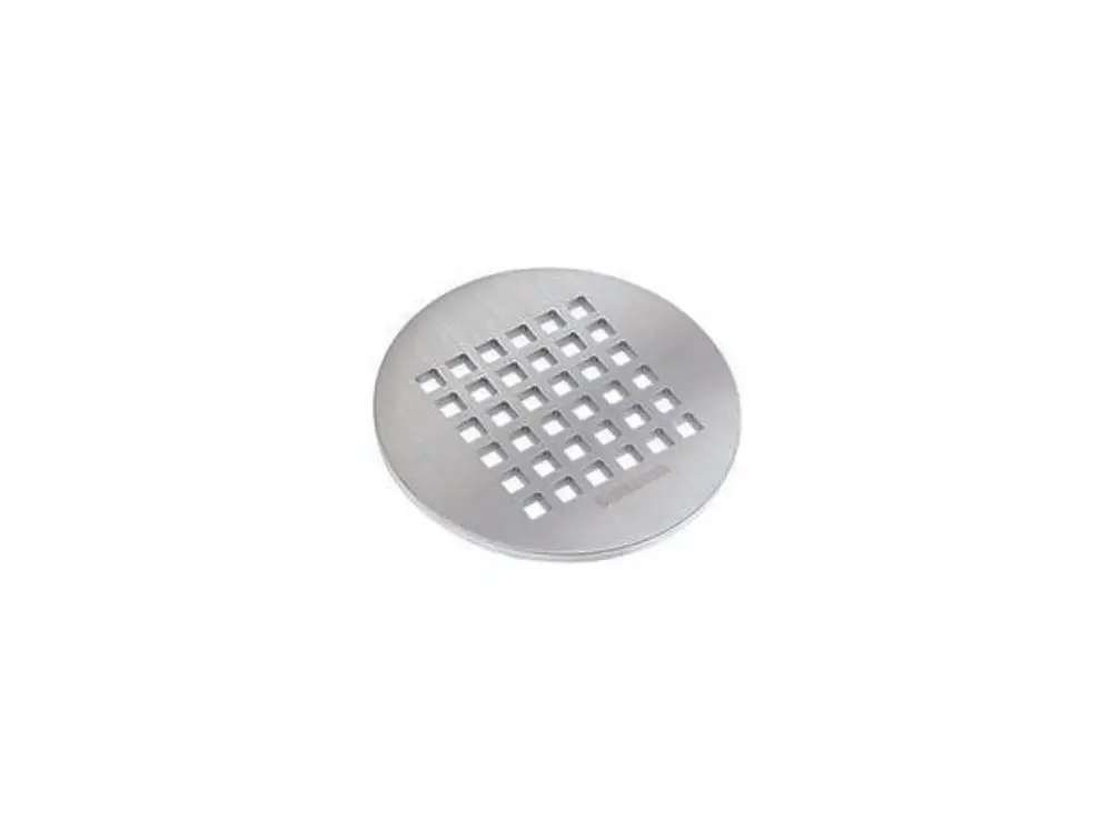 Rundes Edelstahlgitter von Dallmer mit quadratischen Öffnungen. Das Gitter hat eine glatte, metallische Oberfläche und ist für Abflussanwendungen konzipiert.