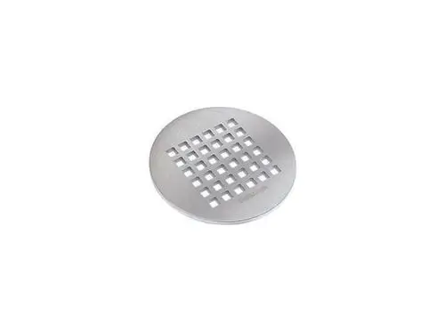 Rundes Edelstahlgitter von Dallmer mit quadratischen Öffnungen. Das Gitter hat eine glatte, metallische Oberfläche und ist für Abflussanwendungen konzipiert.