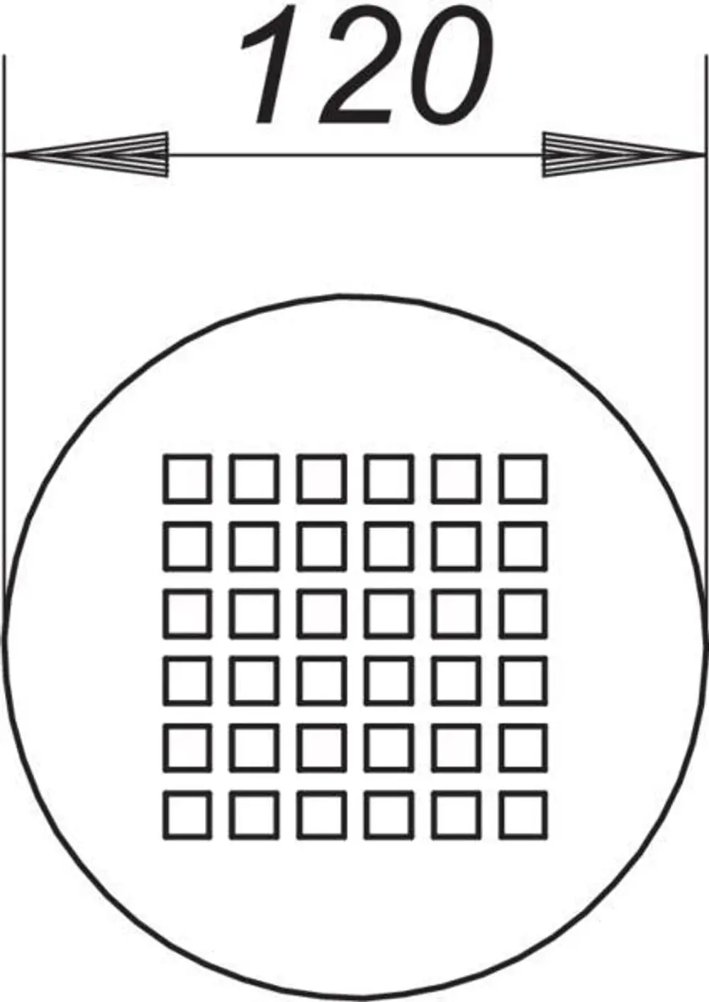 Schematische Darstellung eines Rosts mit einer quadratischen Anordnung in einem kreisförmigen Rahmen, hergestellt von Dallmer.