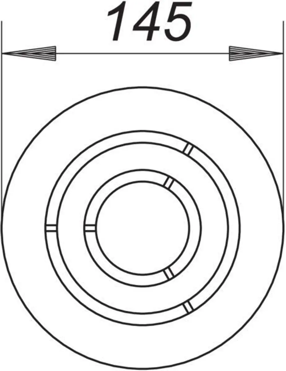 Dallmer Abdeckrosetten mit konzentrischen Kreisen, die in der Mitte geöffnet ist. Die äußere Kante ist klar abgegrenzt und zeigt eine Maßangabe von 145 mm.