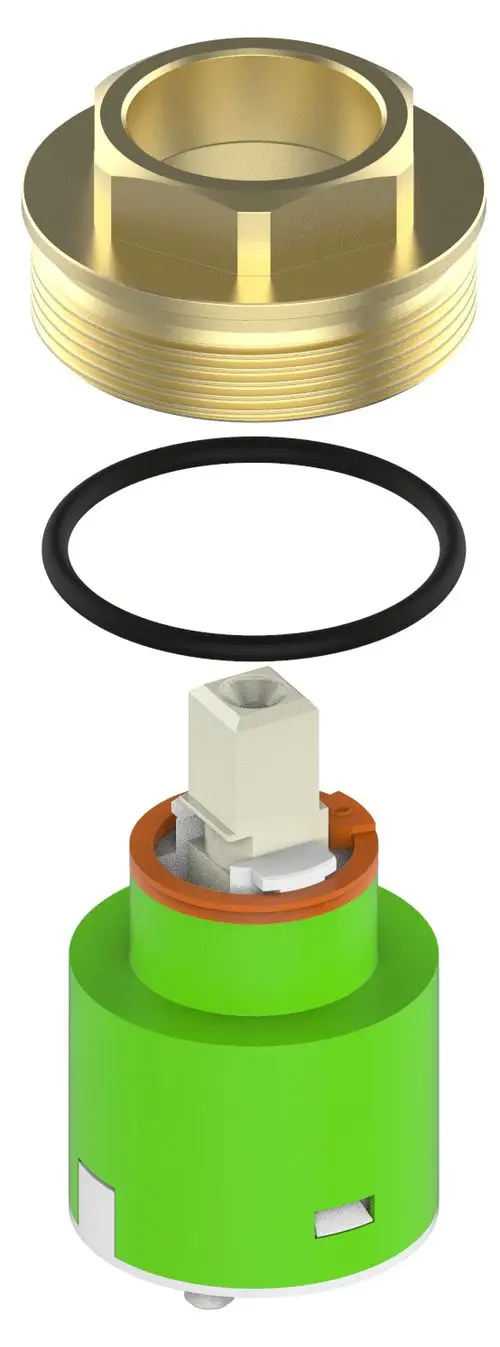 Ersatzteile für Keuco Armaturen, bestehend aus einer Mischwasserkartusche, einem O-Ring und einer goldfarbenen Gewindehülse. Komponenten sind in detailierter Anordnung dargestellt.