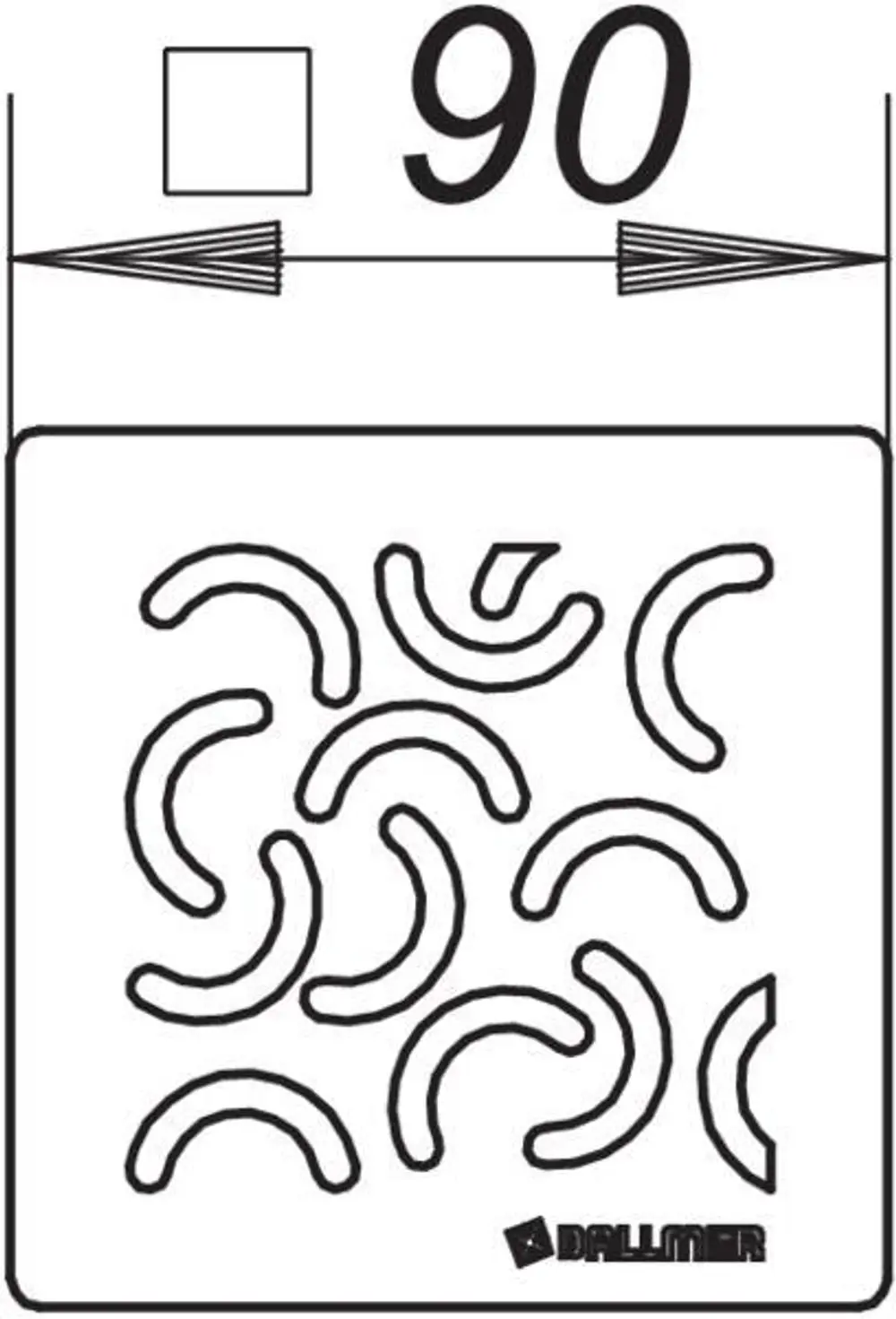 Rost von Dallmer mit geschwungenem Muster, bestehend aus verschiedenen halbrunden Formen auf einer flachen Oberfläche. Minimalistische Darstellung ohne Farben.