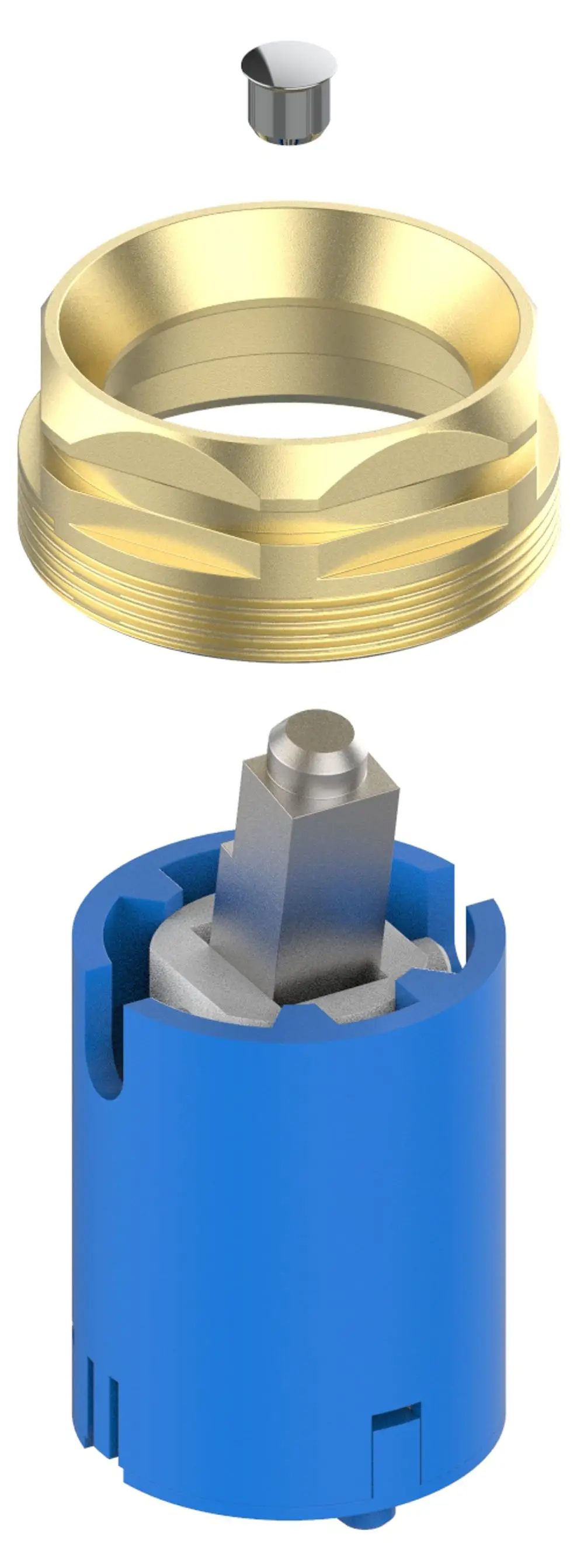 Explosionszeichnung einer Keuco Mischwasserkartusche, bestehend aus einem goldenen Gehäuse und blauer Innenstruktur mit einem oberen Metallteil.