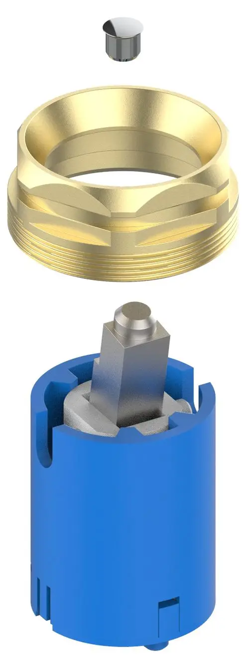 Explosionszeichnung einer Keuco Mischwasserkartusche, bestehend aus einem goldenen Gehäuse und blauer Innenstruktur mit einem oberen Metallteil.