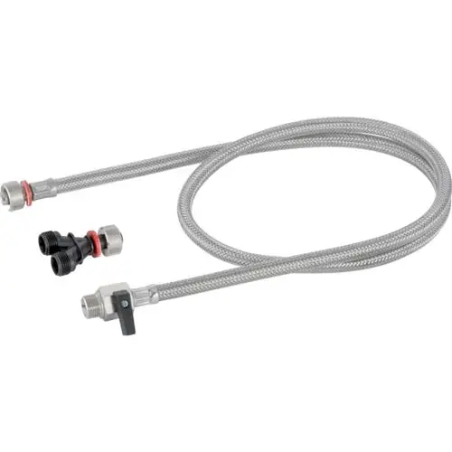 Flexibles Wasseranschlussset mit zwei Anschlüssen und einem Kontrollventil. Geeignet für Dusch-WCs, unterstützt Marken wie Geberit und Vitra.