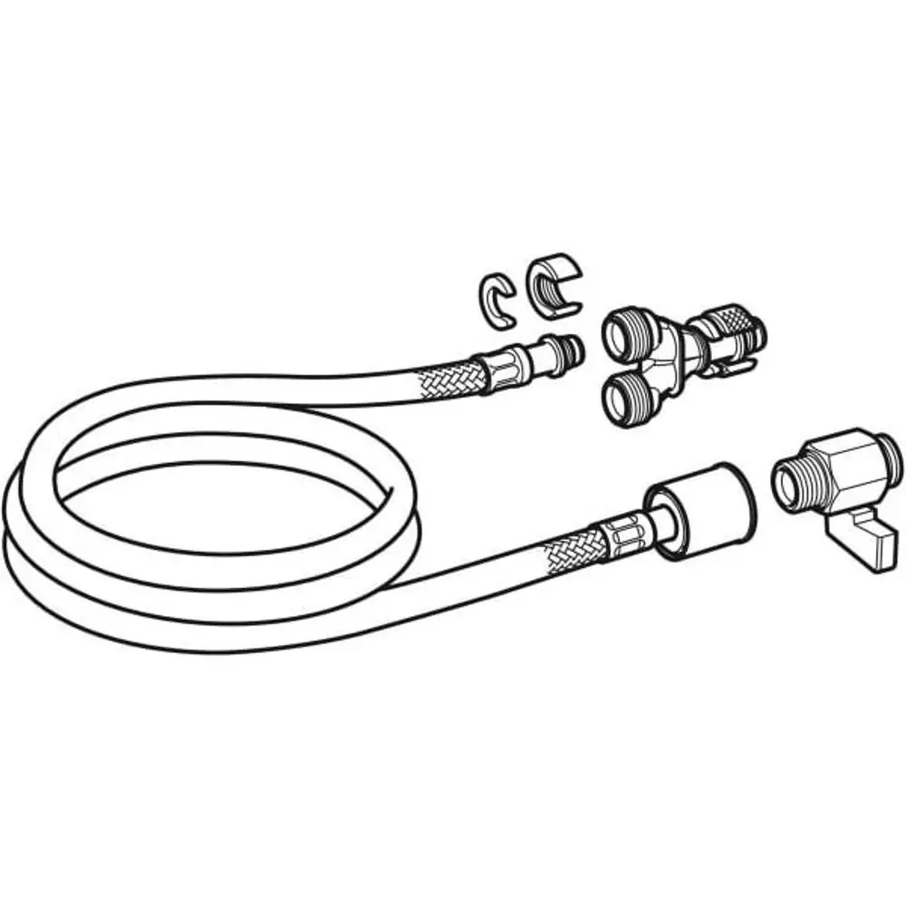 Wasseranschlussset bestehend aus Schläuchen und Verbindungsstücken, geeignet für Geberit AquaClean Systeme, zur Integration in Dusch-WC-Anlagen.
