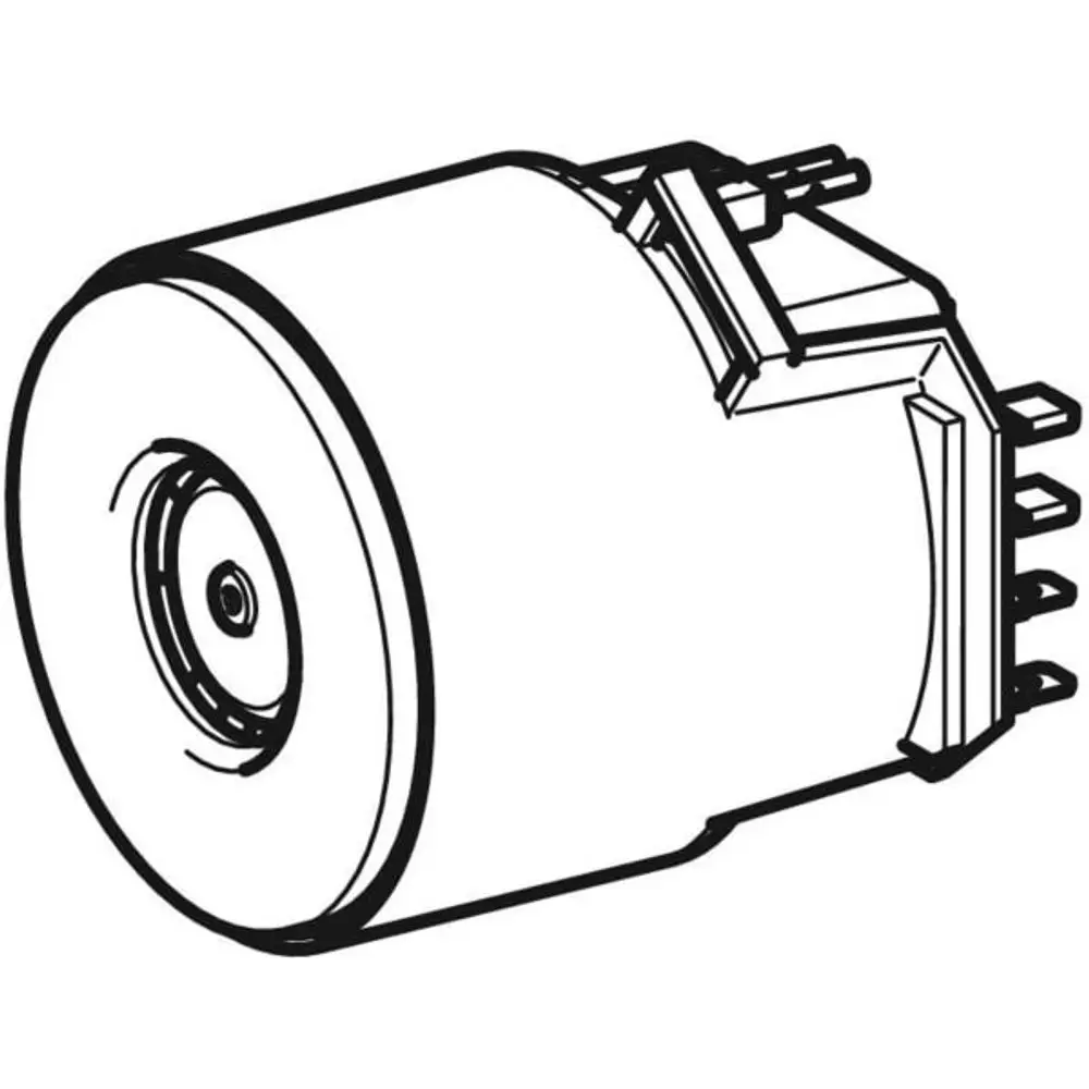 Geberit Föhnlüfter mit rundem Gehäuse und elektrischen Anschlüssen, zeigt eine ähnliche Struktur wie ein Motor oder Ventilator, ohne spezifische Maße oder Kennzeichnungen.