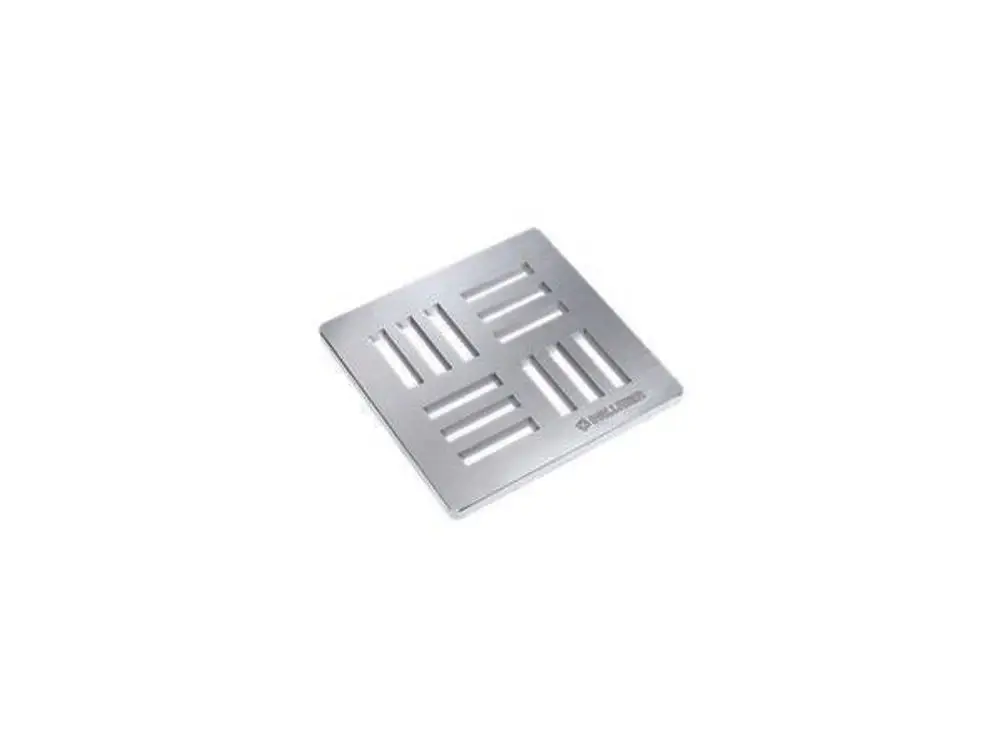Metallene Abdeckung mit rechteckigen und quadratischen Öffnungen, hergestellt von Dallmer, für die Verwendung in Entwässerungssystemen.