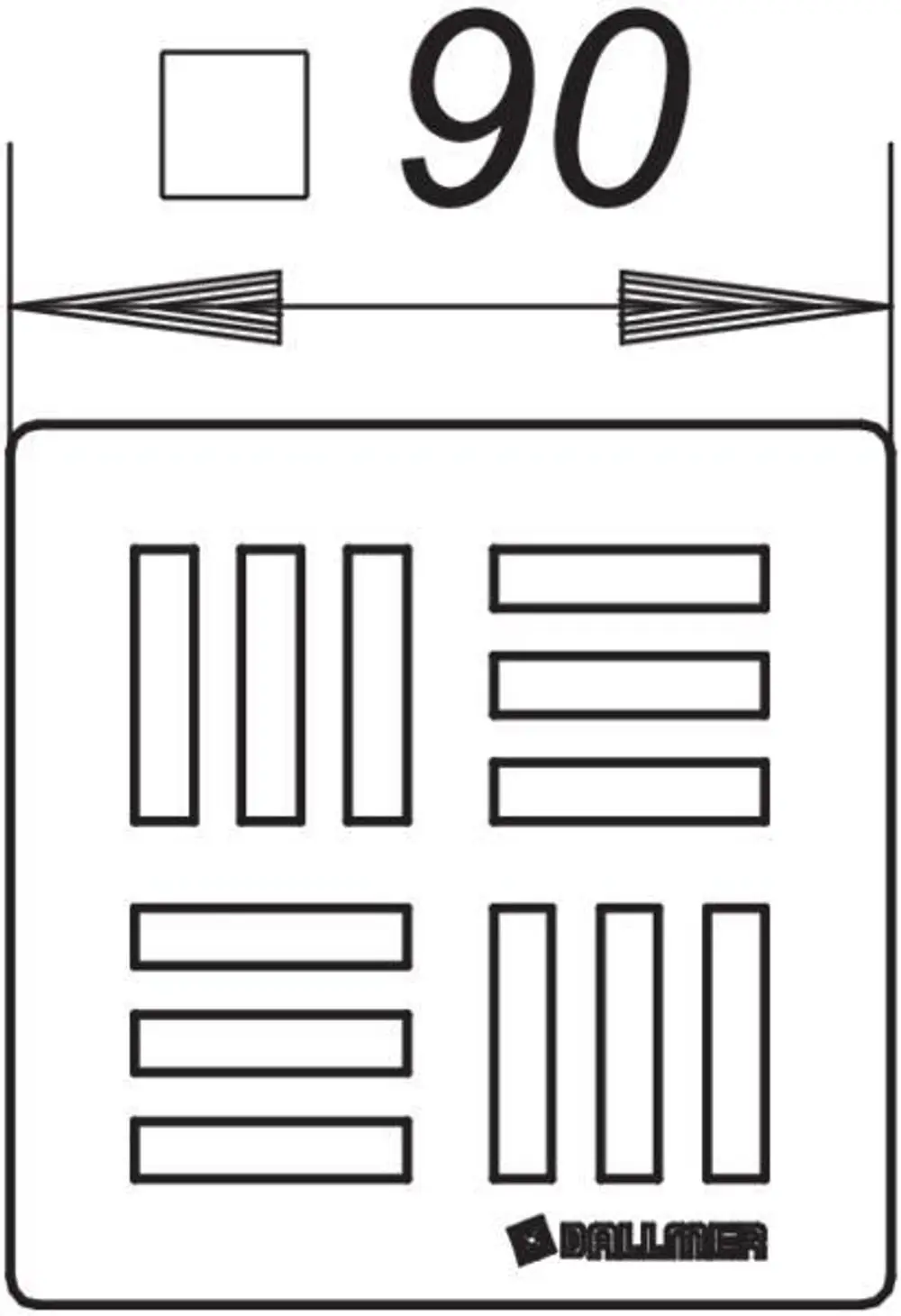 Dallmer Rost mit verschiedenen Linien und Rechtecken in schematischer Darstellung. Oberer Teil zeigt eine Maßangabe von 90.