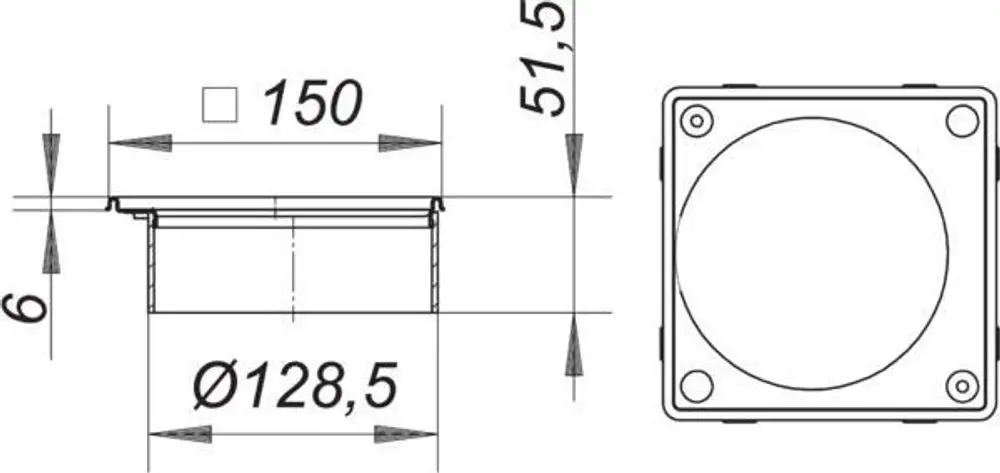 Dallmer Produktzeichnung eines Aufsatzrahmens mit Ansichten von der Seite und oben, Maße und markante Details sind abgebildet.