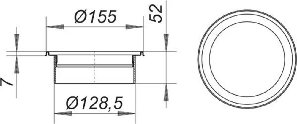 Technische Zeichnung eines Dallmer Aufsatzrahmens mit Durchmesser 155 mm und einer Höhe von 52 mm, dargestellt in Seiten- und Draufsicht.