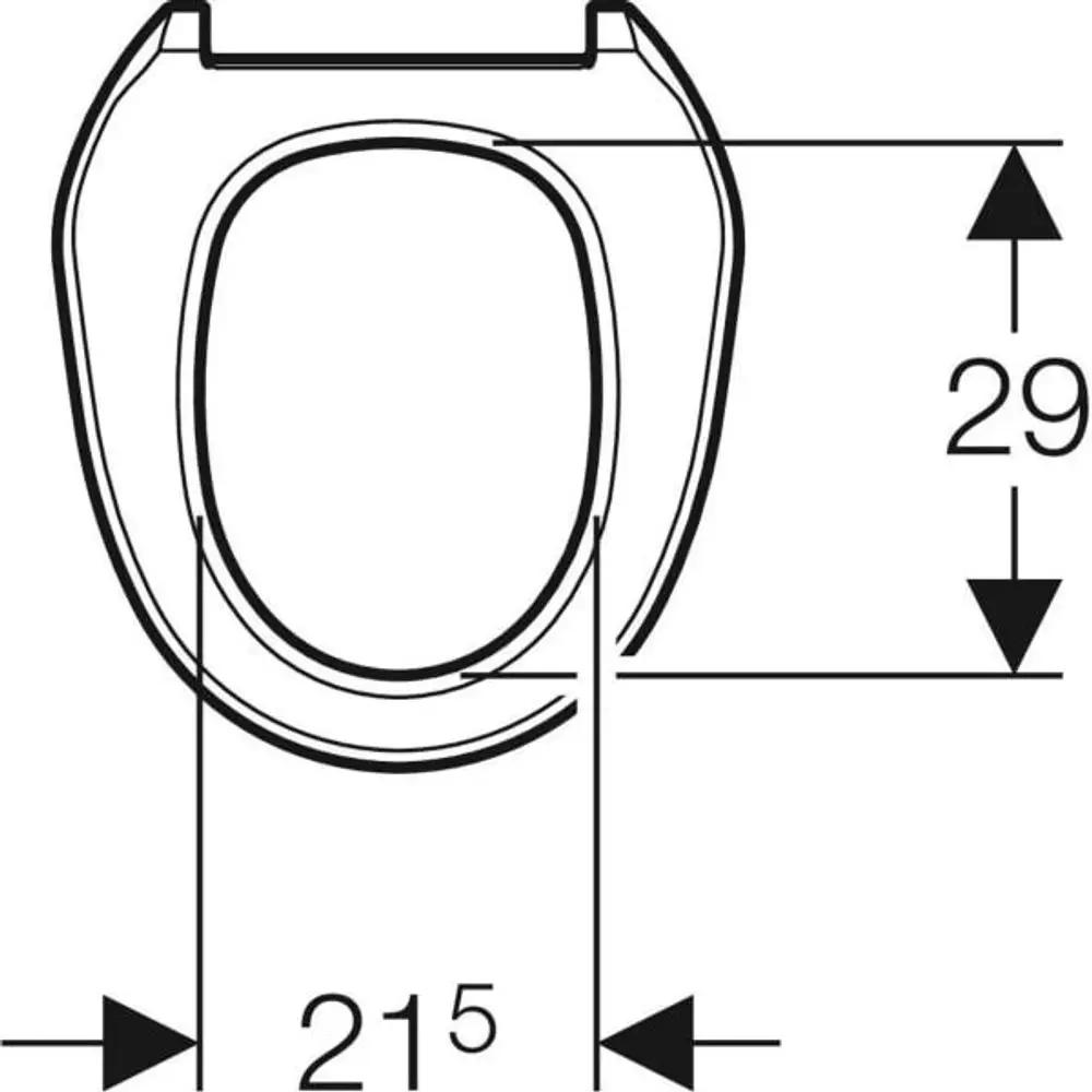 Zeichnung eines Toilettensitzrings von Geberit mit Maßangaben. Der Ring hat eine ovale Form und zeigt die Konturen sowie Abmessungen in einer schematischen Darstellung.