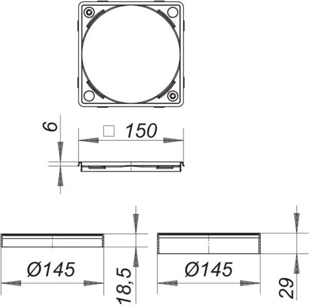 Dallmer Aufsatzrahmen mit quadratischer Grundfläche, Durchmesser 150 mm und Höhe 29 mm, zeigt verschiedene Ansichtspositionen und Maße.
