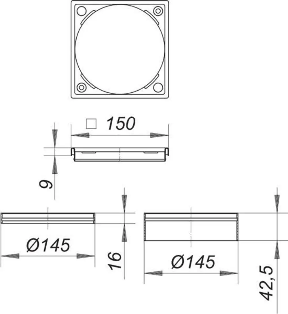 Dallmer Aufsatzrahmen mit quadratischer Grundfläche, in der Mitte ein runder Ausschnitt, vier Befestigungslöcher an den Ecken, Seitenansicht zeigt Dicke und Form.