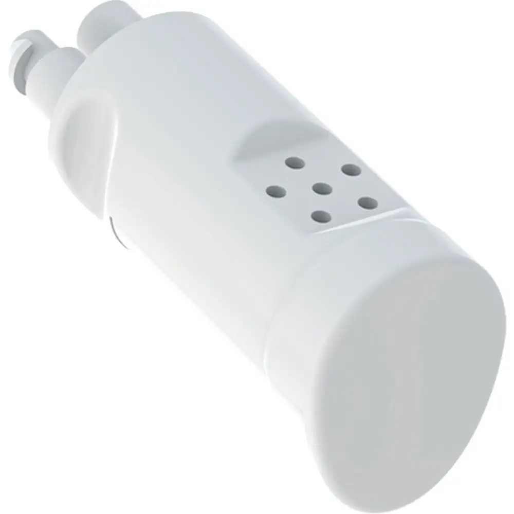 Weißes Duschdüsen-Modul mit gekrümmter Form und mehreren Löchern, geeignet für Geberit AquaClean 8000. Verbindungsstellen für Wasseranschluss sichtbar.