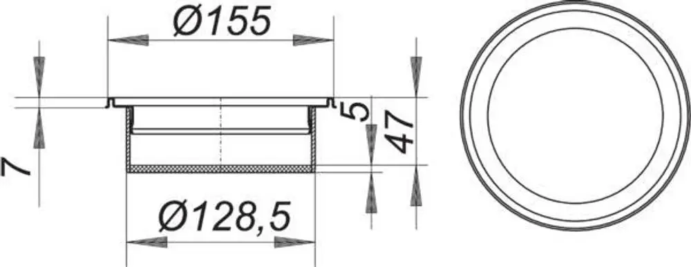 Dallmer Aufsatzrahmen, runde Form mit Durchmesser 155 mm, zeigt seitliche und obere Ansichten, mit angegebenen Maßen für die Montage.