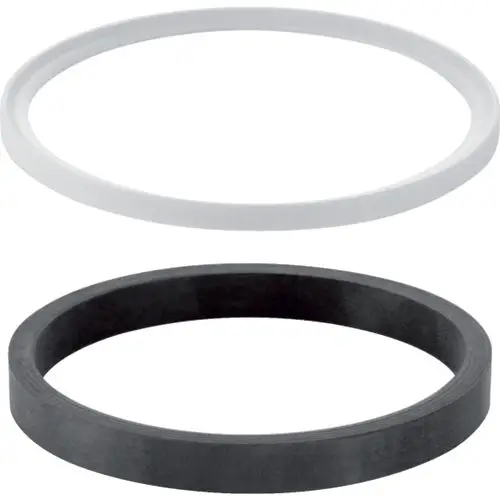 Set aus zwei Dichtungen von Geberit, eine weiße und eine schwarze, beide in Form von Ringen.