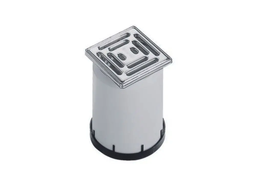 Dallmer Produkt mit quadratischem, flachem Deckel aus Metall und einem weißen, zylindrischen Körper, geeignet für den Einsatz in sanitären Anlagen.
