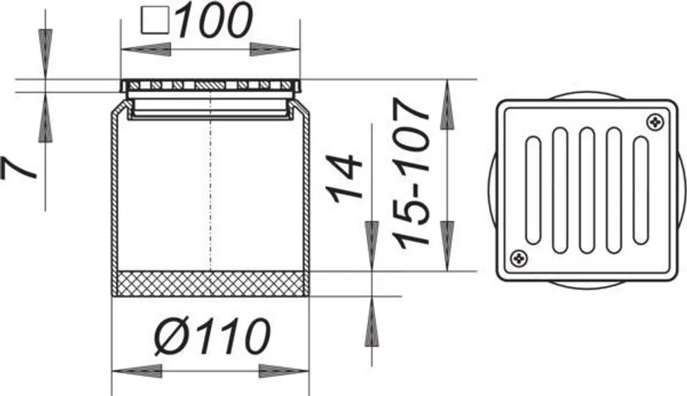 Dallmer Rost mit quadratischer Abdeckung, Darstellung in technischen Zeichnungen, präzise Maße und Details zur Montage, Sicht von oben und seitlich.