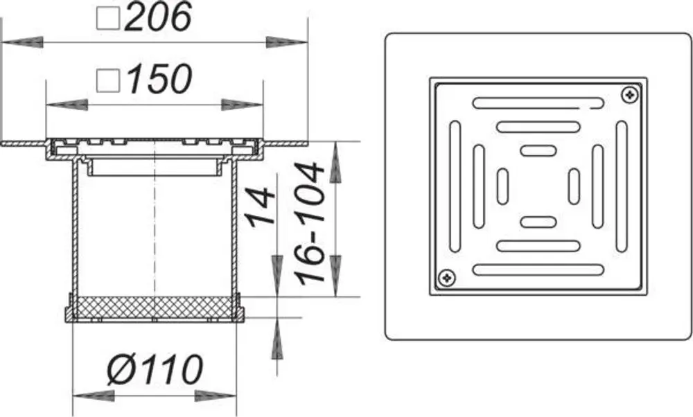 Dallmer Rohraufsatz mit quadratischer Abdeckung und Entwässerungsrillen. Durchmesser 110 mm, vier Schraublöcher zur Befestigung, in Profilansicht dargestellt.