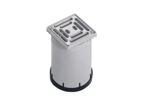 Dallmer Abdeckung mit quadratischem Gitter aus Metall, auf runder Basis montiert. Eignet sich zur Verwendung in Entwässerungssystemen.