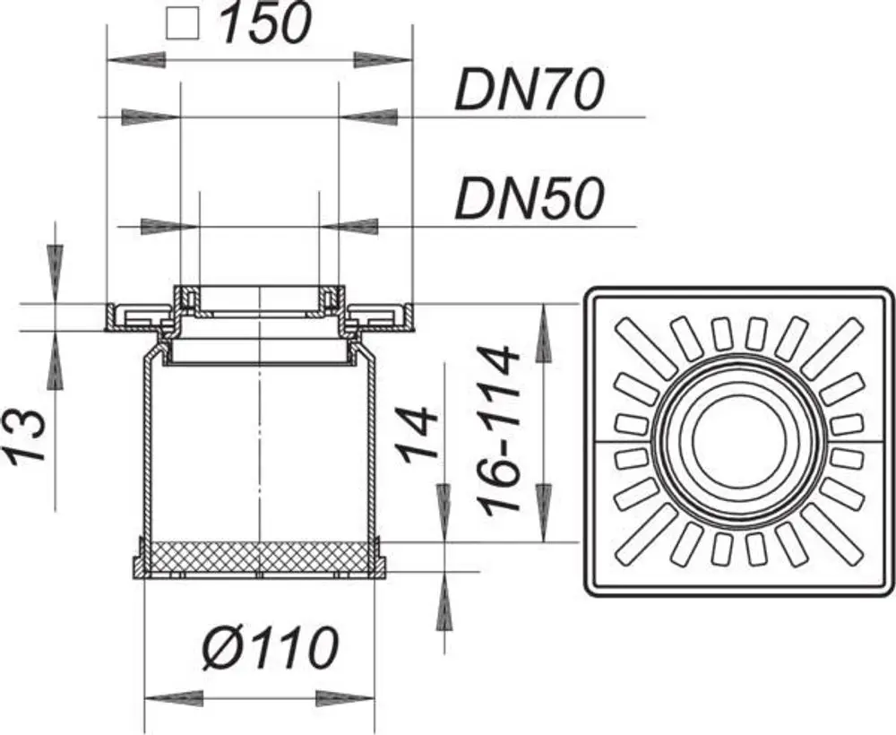 Dallmer Ablaufsystem mit einem quadratischen Rost und Fallrohreinsatz. Der Durchmesser beträgt 110 mm mit verschiedenen DN-Optionen für den Anschluss.
