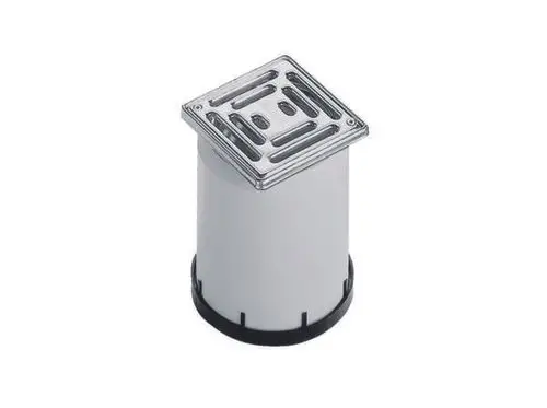 Dallmer Aufsatz mit quadratischem Abflussgitter, Metallrahmen. Der Unterbau ist zylindrisch und aus weißem Material gefertigt. Optimal für die Abwasserableitung.