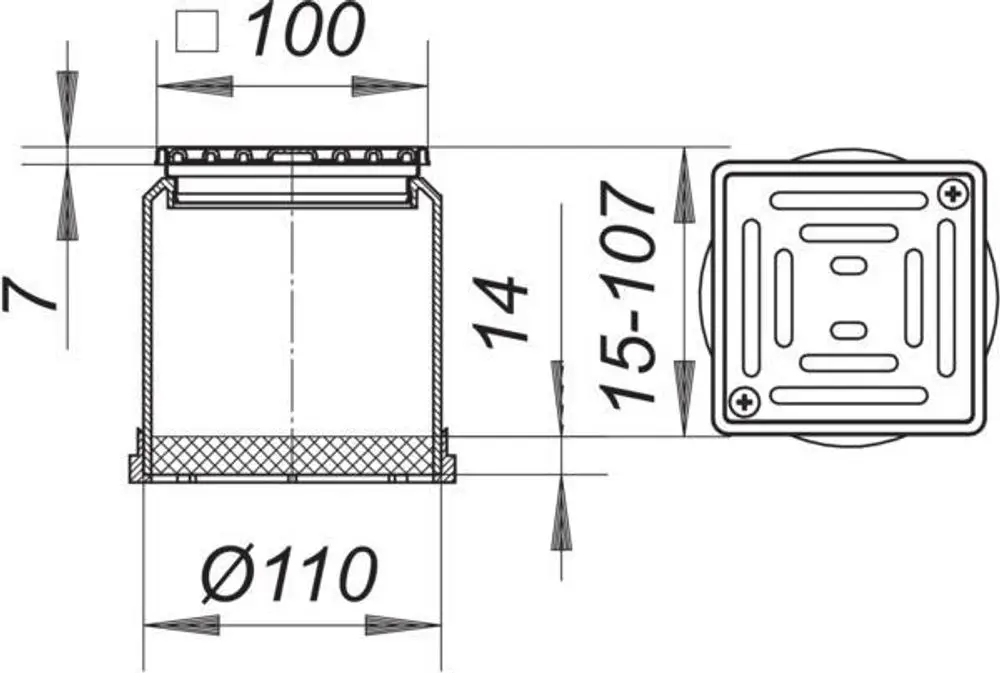 Dallmer Aufsatz in zylindrischer Form mit quadratischem Deckel, Maße erkennbar, für Abflussanwendungen, mit schraubbarem Rost.