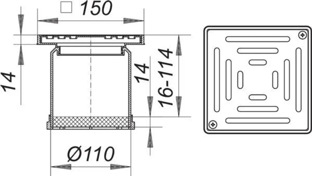 Baukomponente von Dallmer mit quadratischem Deckel und rundem Schlitzsystem. Schmale Wand, detailierte Maße und Befestigungslöcher sind sichtbar.