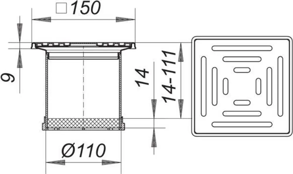 Dallmer Produktdarstellung eines Aufsatzes mit quadratischem Deckel und rundem Körper. Sichtbare Maße und Strukturdetails sind eingezeichnet.