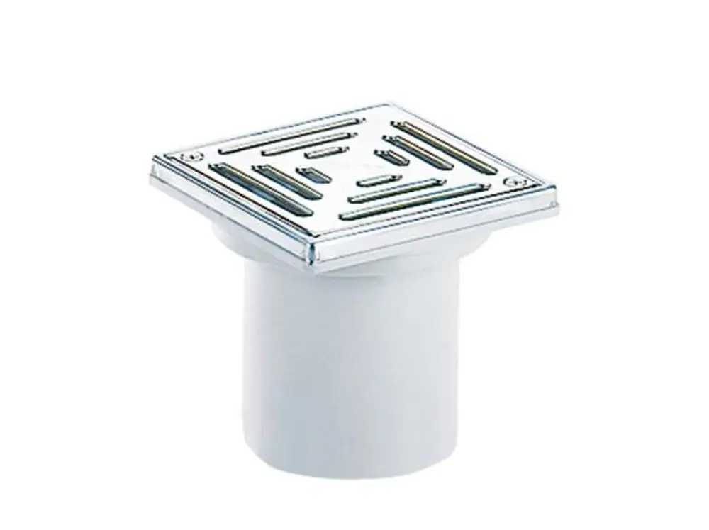 Dallmer Bodenablauf mit quadratischer Abdeckung aus Metall und einem weißen, runden Rohrstutzen. Das Design ermöglicht eine effektive Wasserableitung in Duschen oder Böden.