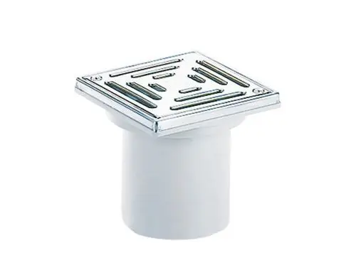 Dallmer Bodenablauf mit quadratischer Abdeckung aus Metall und einem weißen, runden Rohrstutzen. Das Design ermöglicht eine effektive Wasserableitung in Duschen oder Böden.
