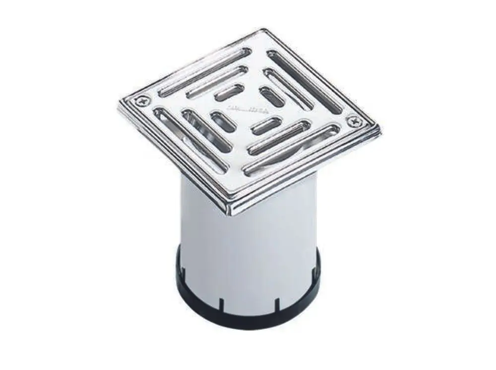Rost mit quadratischem Deckel und dekorativen Öffnungen, montiert auf einem zylindrischen Körper. Produkt ist von der Marke Dallmer.