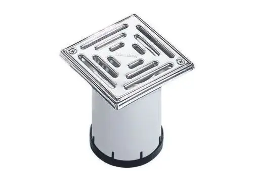 Rost mit quadratischem Deckel und dekorativen Öffnungen, montiert auf einem zylindrischen Körper. Produkt ist von der Marke Dallmer.