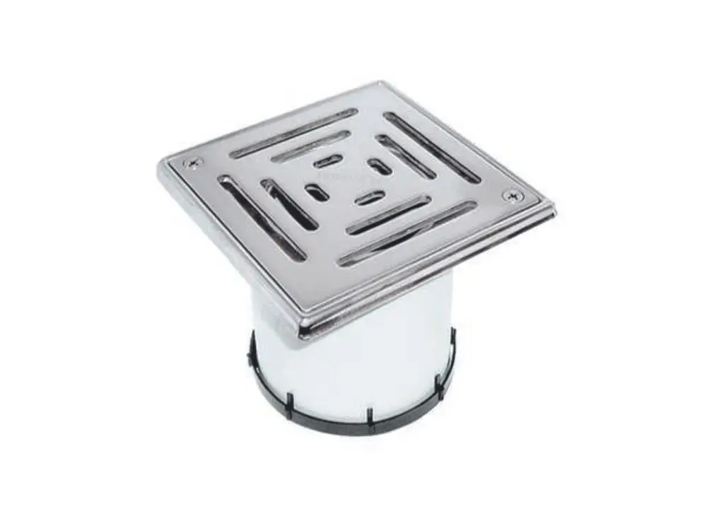 Dallmer Ablaufrost aus massivem Edelstahl mit quadratischem Gitterdesign, zur Bodenentwässerung, verschraubt, in zylindrischer Bauform.