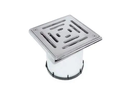 Dallmer Ablaufrost aus massivem Edelstahl mit quadratischem Gitterdesign, zur Bodenentwässerung, verschraubt, in zylindrischer Bauform.