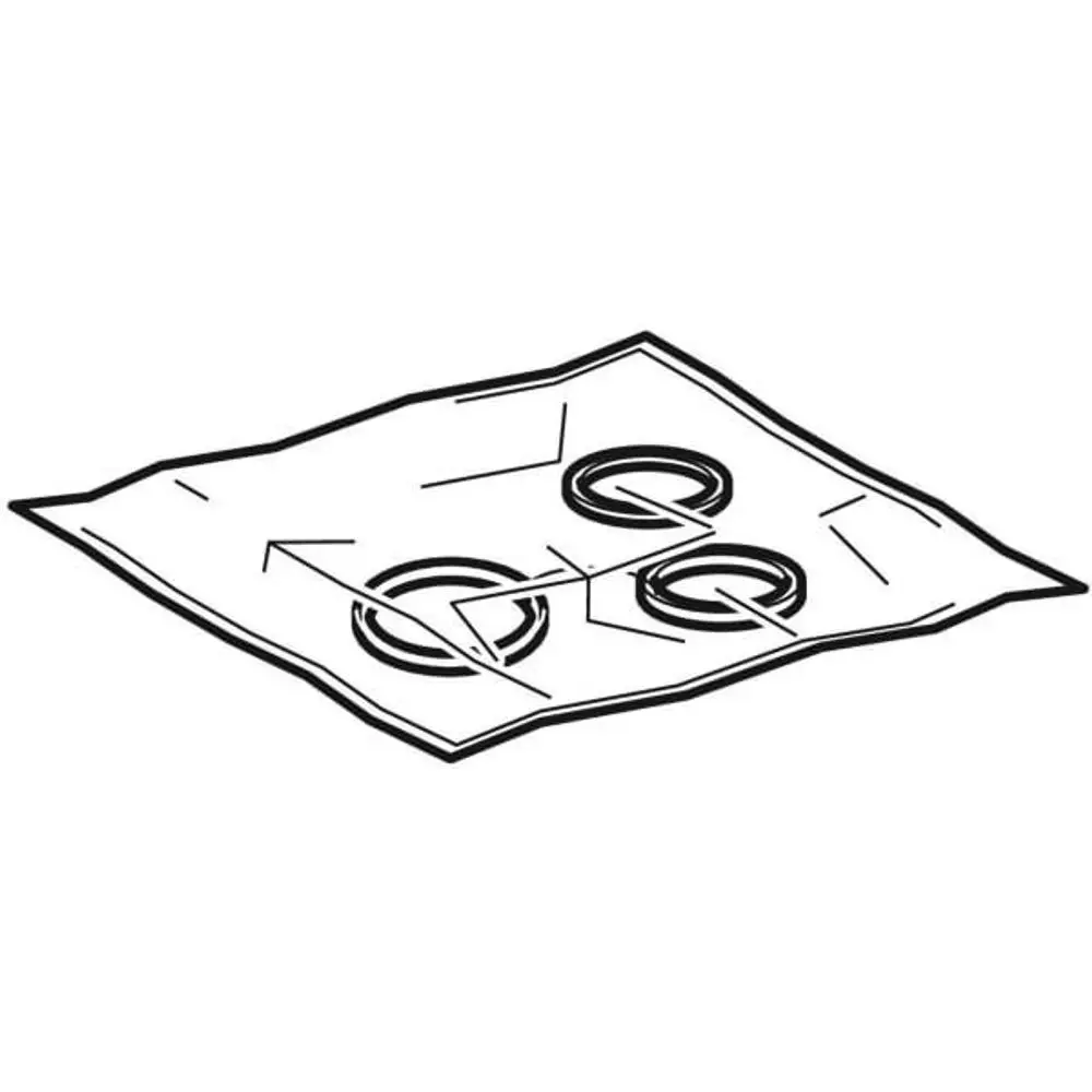 Geberit-Dichtungen auf einem Blatt, drei runde Dichtungen in einer transparenten Verpackung, angeordnet auf einem flachen Untergrund.