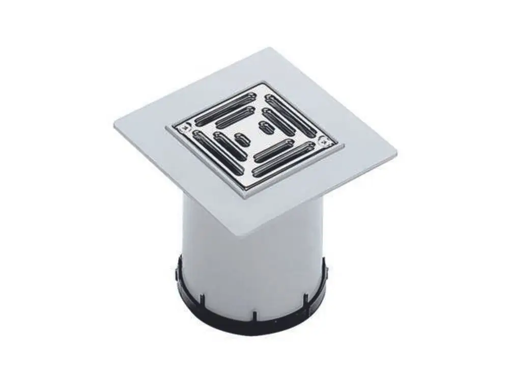 Dallmer Abflussrosettenaufsatz mit quadratischer Edelstahloberfläche und weißem PVC-Gehäuse, geeignet für den Einbau im Boden.