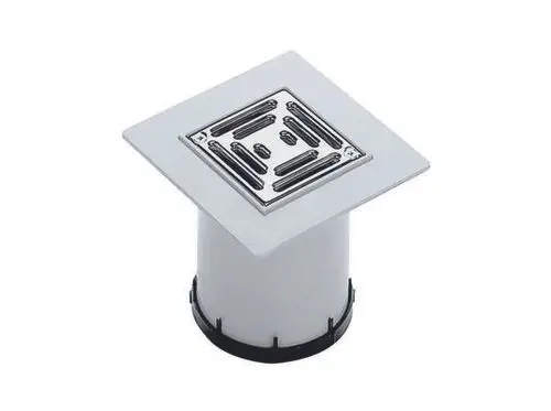 Dallmer Abflussrosettenaufsatz mit quadratischer Edelstahloberfläche und weißem PVC-Gehäuse, geeignet für den Einbau im Boden.