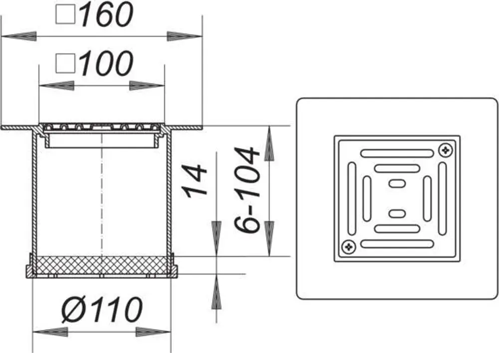 Dallmer Produktzeichnung eines PVC-Aufsatzes mit rechteckiger Form, sichtbare Maße und eine quadratische Rostoberfläche mit Befestigungsschrauben.