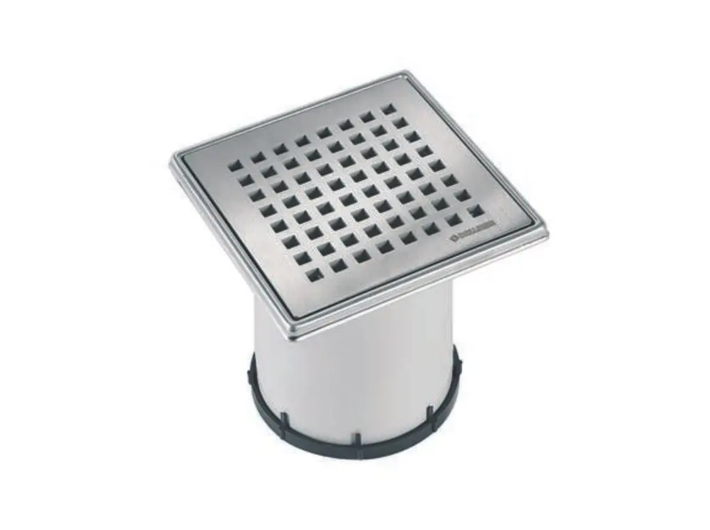 Dallmer Abflussgitter mit quadratischer Edelstahl-Oberfläche und darunterliegendem Kunststoffkörper, passend für Ablaufsysteme in Badezimmern.