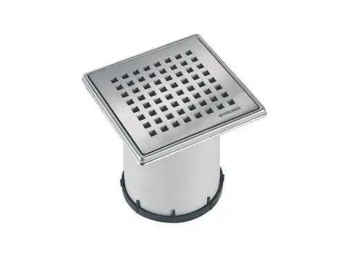 Dallmer Abflussgitter mit quadratischer Edelstahl-Oberfläche und darunterliegendem Kunststoffkörper, passend für Ablaufsysteme in Badezimmern.