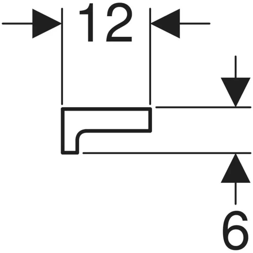 Schematische Darstellung eines Wandregals mit einem seitlichen L-Profil, gefertigt aus einem Material von Geberit, mit spezifischen Maßen für die Montage.
