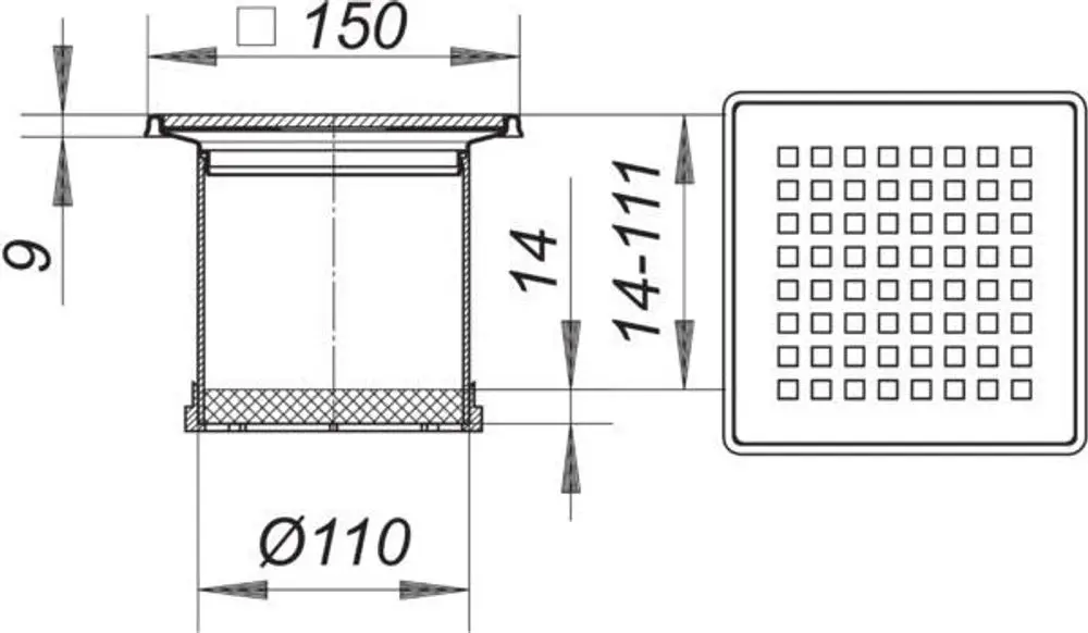 Dallmer Abflussabdeckung mit quadratischem Gitterdesign. Durchmesser 110 mm, Höhe 9 mm. Ansicht von vorne und seitlich in technischen Zeichnungen.
