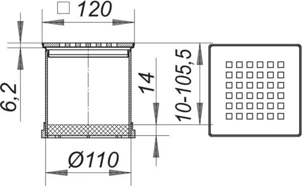 Dallmer Aufsatz mit quadratischem Ablaufgitter und Maßeinheiten, mit Durchmesser und Höhenangaben zur Installation in Abflusssystemen.
