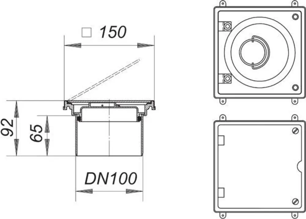 Reinigungsverschluss von Dallmer, quadratische Form mit einer Abmessung von 150 x 150 mm, Anschluss DN 100, mit sichtbaren technischen Komponenten.