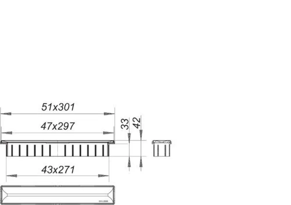 Duschrinne aus Edelstahl von Dallmer, mit einem geraden Design und mehreren Abflussöffnungen, dargestellt in einer schematischen Zeichnung mit Maßen.