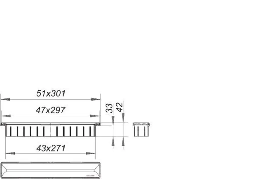 Dallmer Duschrinne mit flacher Bauweise und mehreren Abflussöffnungen, dargestellt in einer technischen Zeichnung mit Abmessungen und Montagehinweisen.